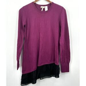 LOGO by Lori Goldstein Cotton Cashmere Tunic Sweater Purple w/ Lace Womens XXS